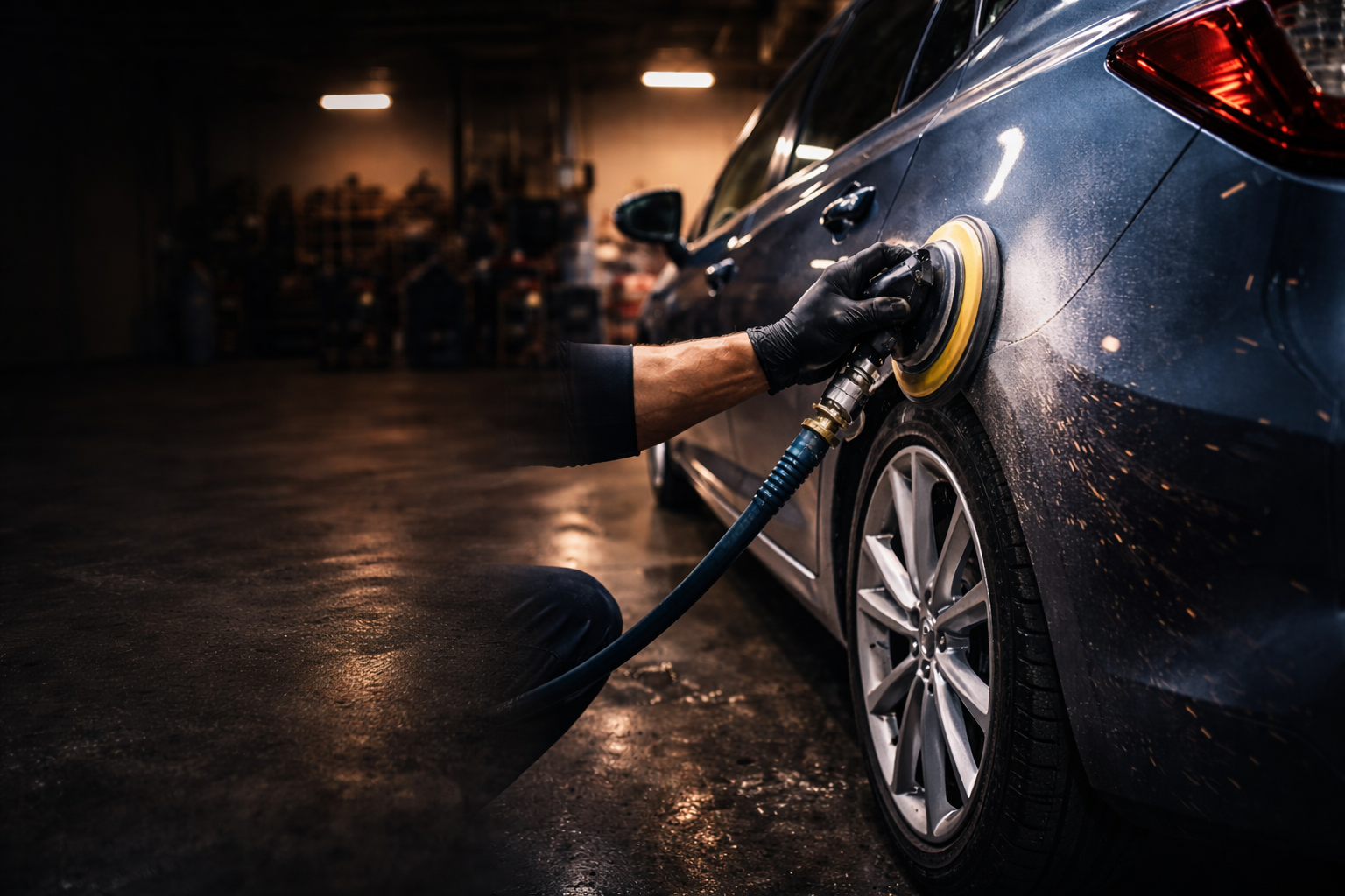 Panel beating technician sanding a vehicle at Ethekwini Central