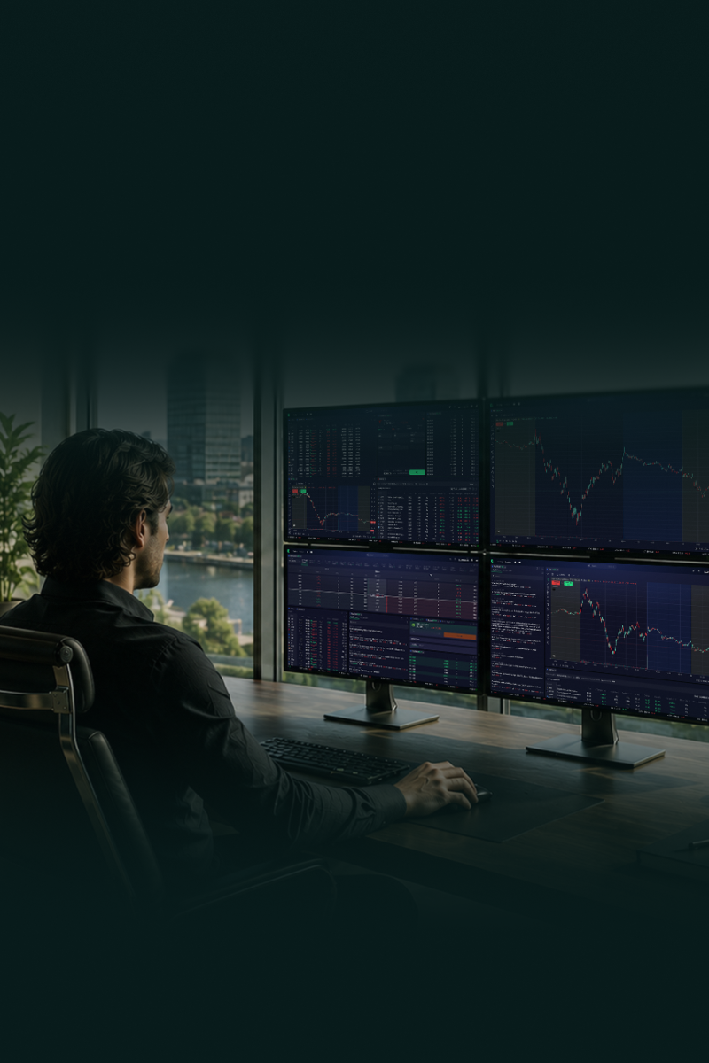 Trader monitoring multiple market charts on four screens in a modern office overlooking a city skyline, representing TradeZero's advanced trading platforms and market access.
