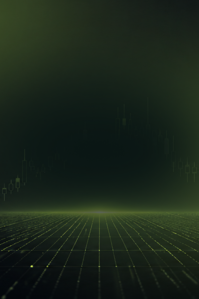 Dark green fintech-style background with a glowing grid floor and a subtle candlestick trading chart running across the center.