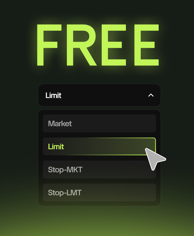 Trade limit and market orders commission-free on NYSE, AMEX, and NASDAQ stocks above $1 — from 7:00 AM to 8:00 PM ET.