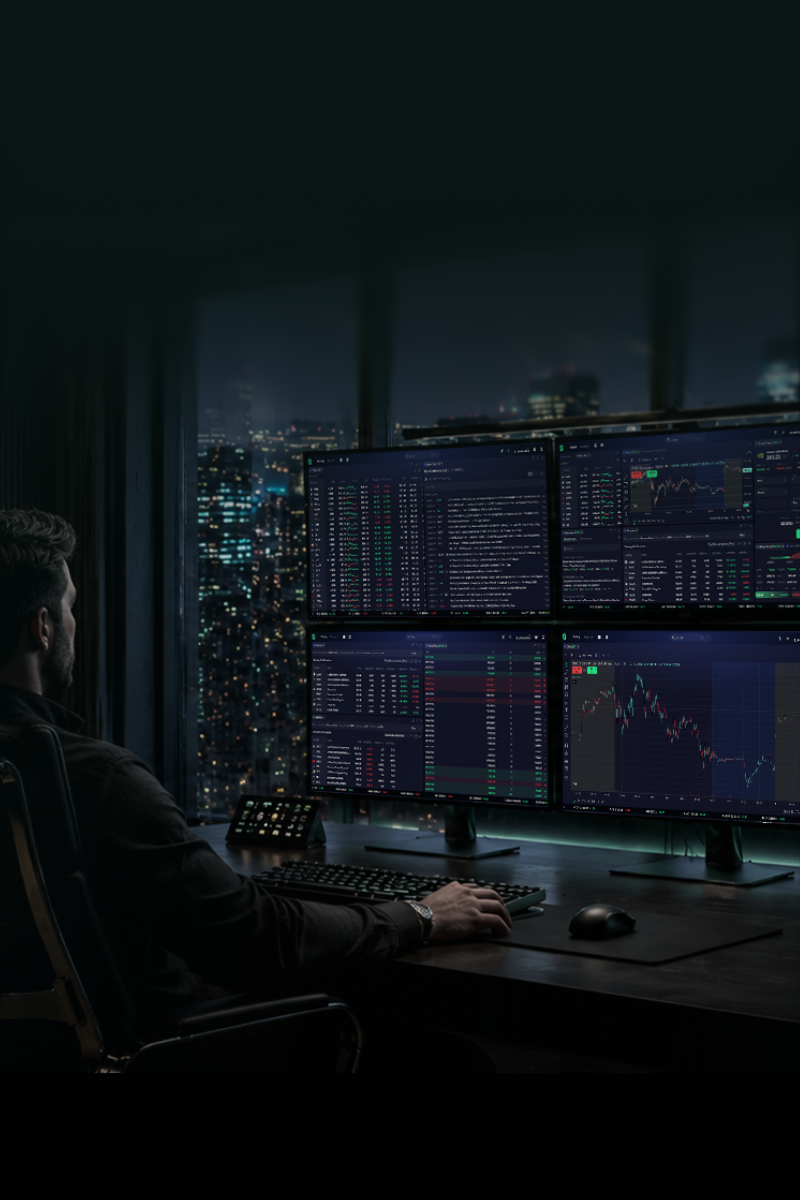 Trader monitoring multiple TradeZero charts at a multi-monitor desk overlooking a city skyline at night