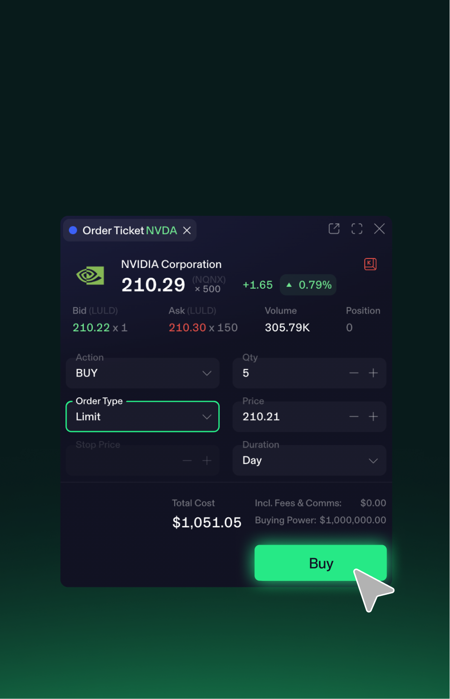 Market or limit orders on TradeZero America — Zero commission on stocks* above $1.