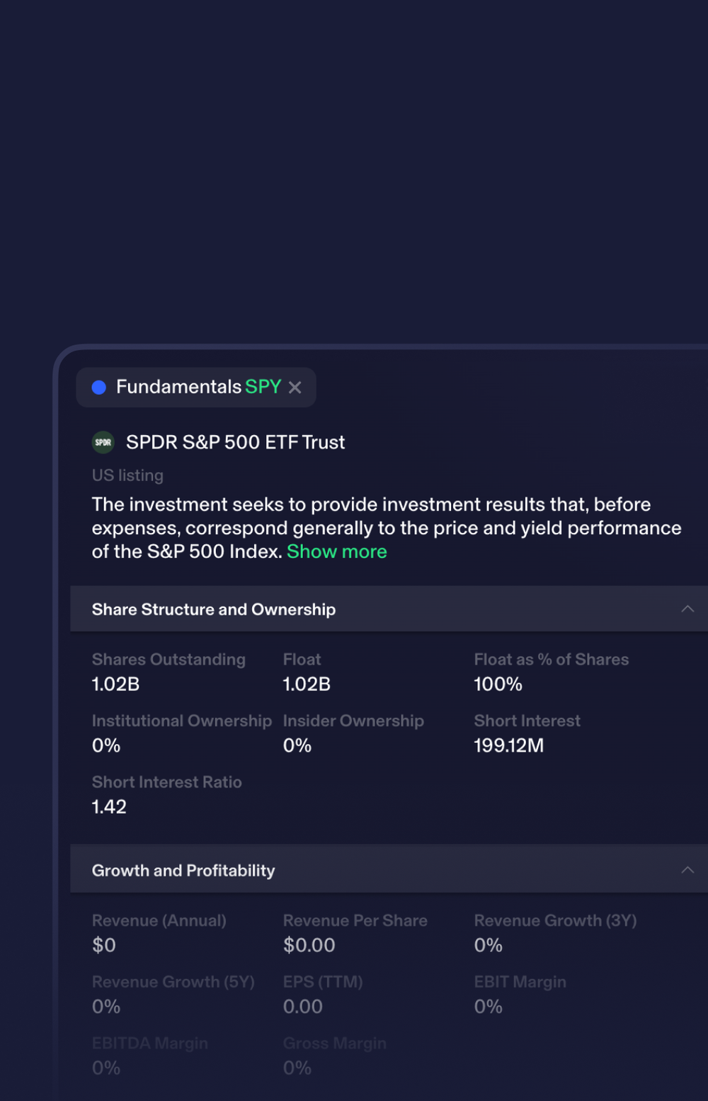 Fundamentals widget from TZ1 with information related to S&P 500