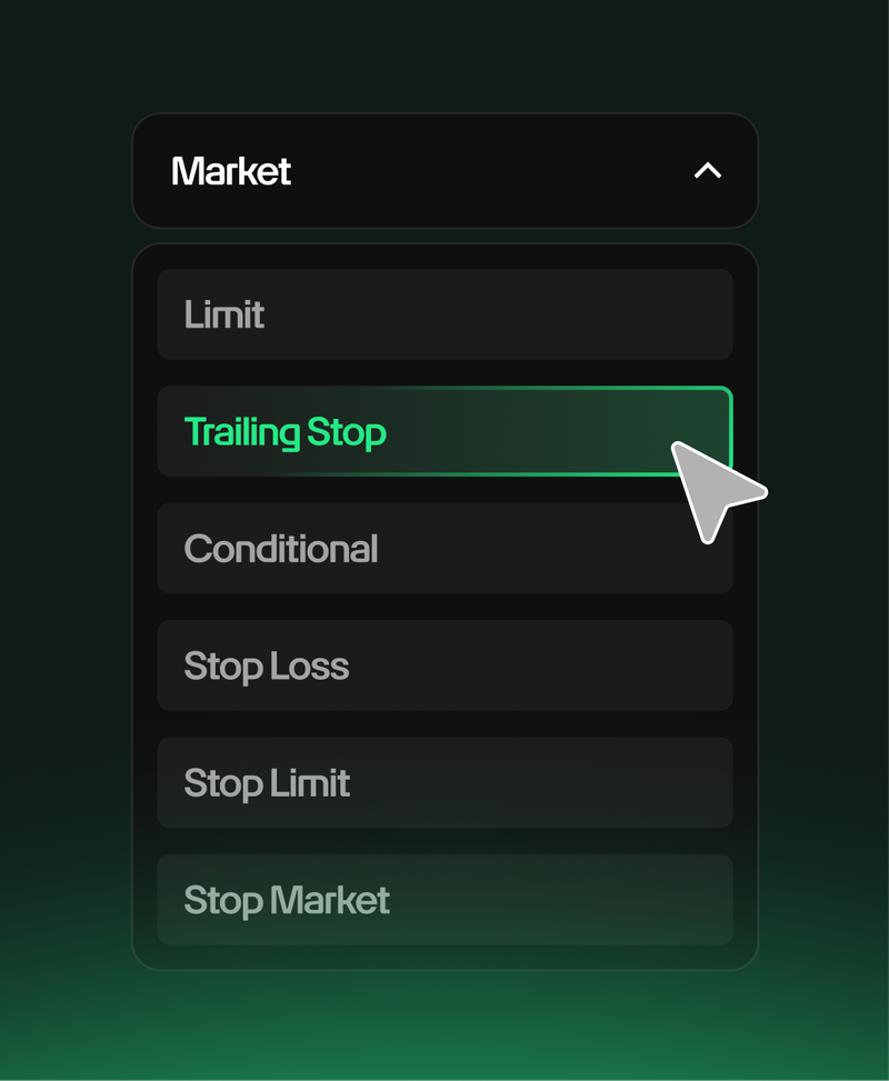 TradeZero order-type menu with Trailing Stop selected among Limit, Conditional, Stop Loss and Stop Market