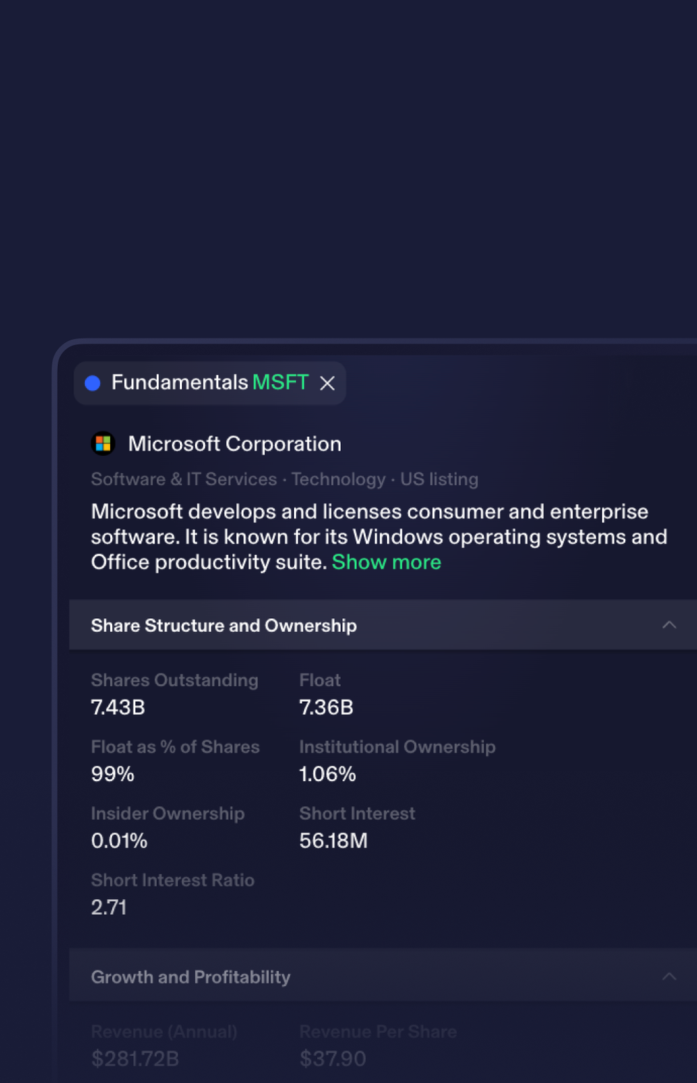 Fundamentals widget from TZ1 with information related to Microsoft