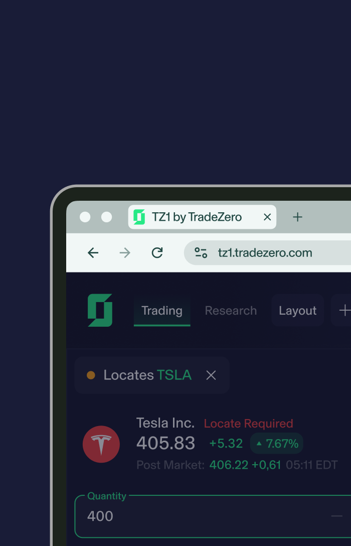 A portion of a computer screen that shows how TZ1 by TradeZero is compatible with any browser and any OS