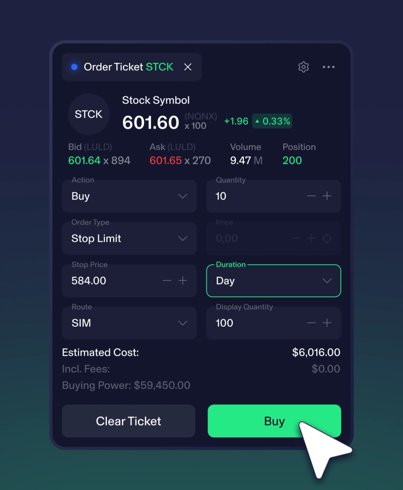 Order widget on TZ1, the latest trading platform by TradeZero