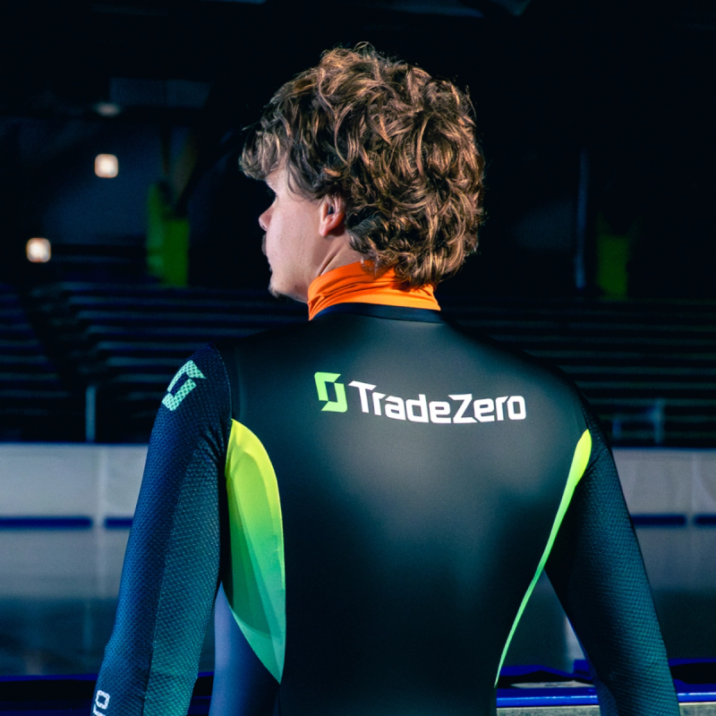 Melle van 't Wout wearing a branded TradeZero ice speed skating suit