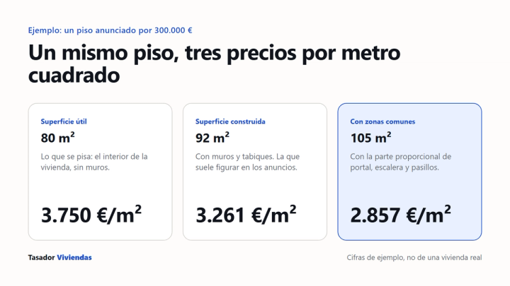 Gráfico de ejemplo: un piso de 300.000 € sale a 3.750, 3.261 o 2.857 €/m² según la superficie que se use