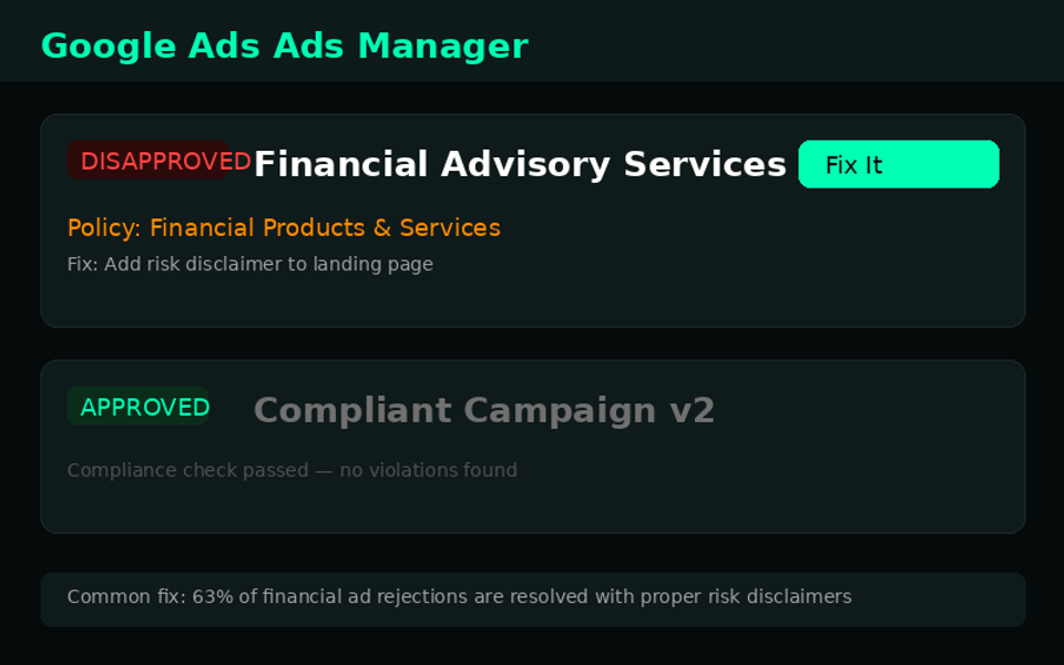 Google Ads disapproval dashboard for financial services