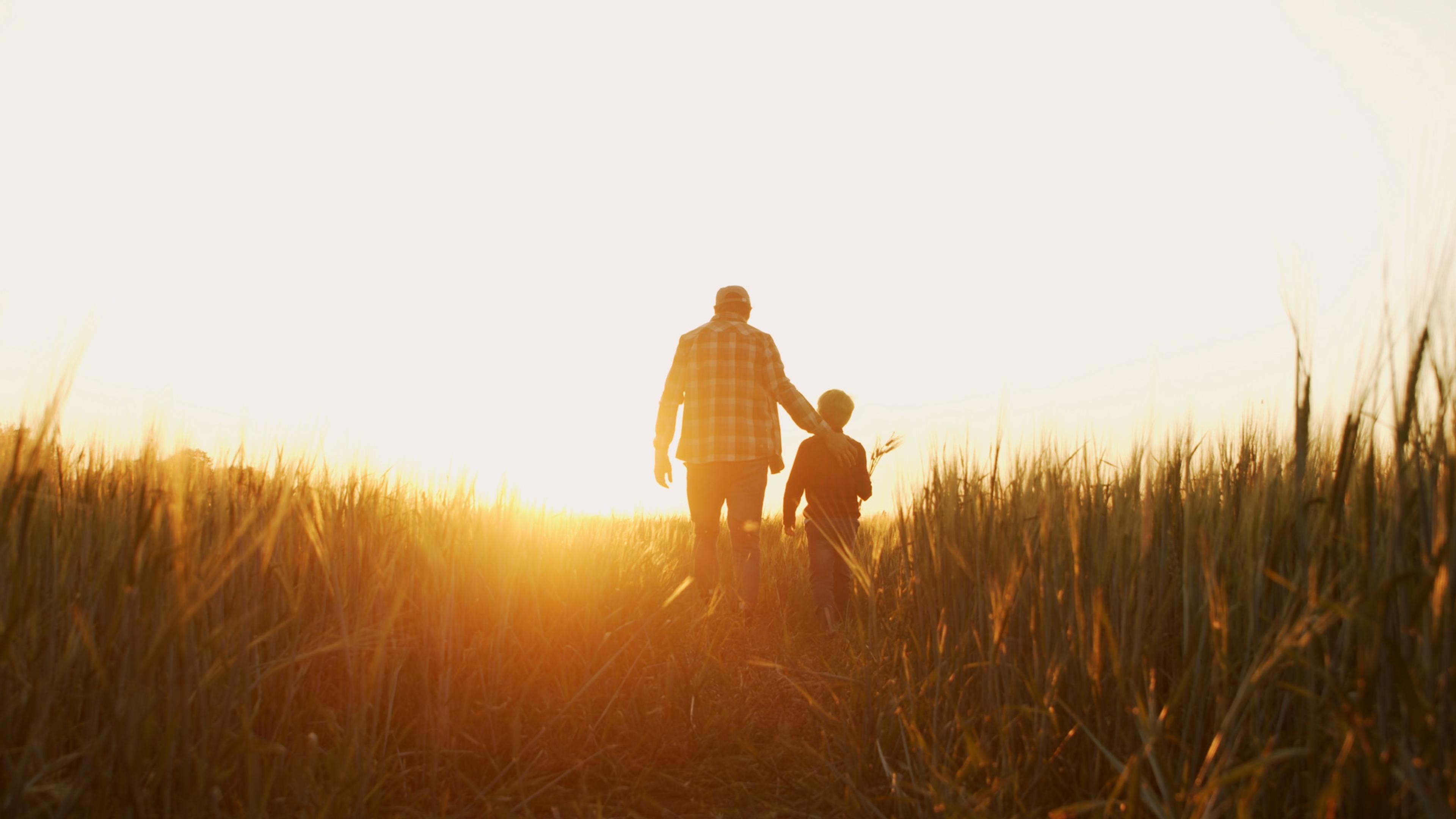 Parent and child walking across a field