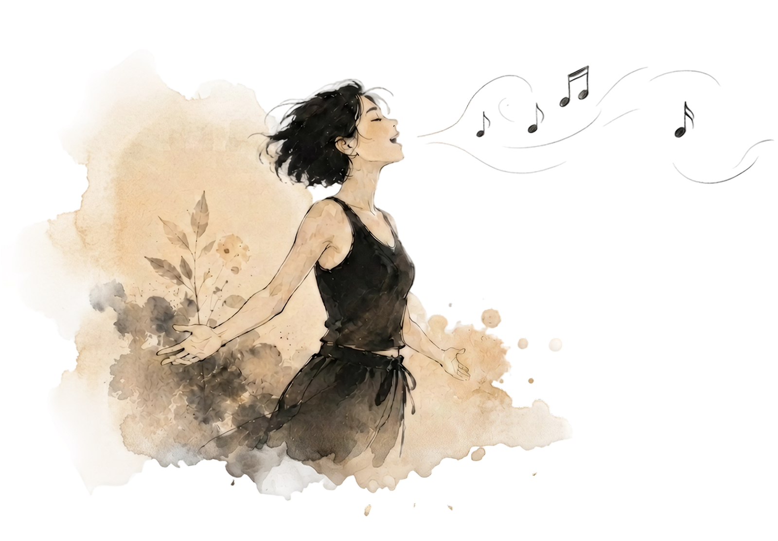 Illustration à l’aquarelle d’une femme qui chante, la tête levée, entourée de notes de musique