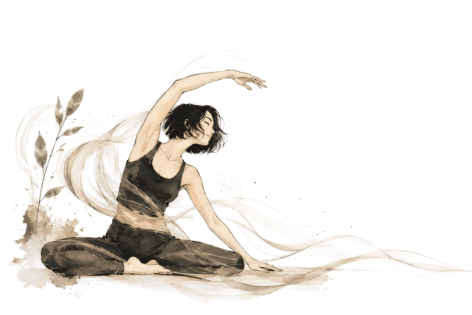 Illustration à l’aquarelle d’une femme assise au sol, un bras tendu au-dessus de la tête dans un étirement, entourée d’un voile ondulant