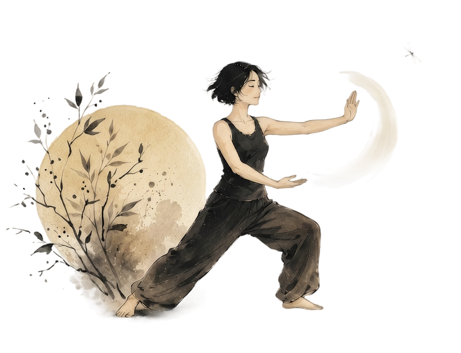 Illustration à l’aquarelle d’une femme en posture de Qi-Gong, jambes fléchies, une main tendue devant elle