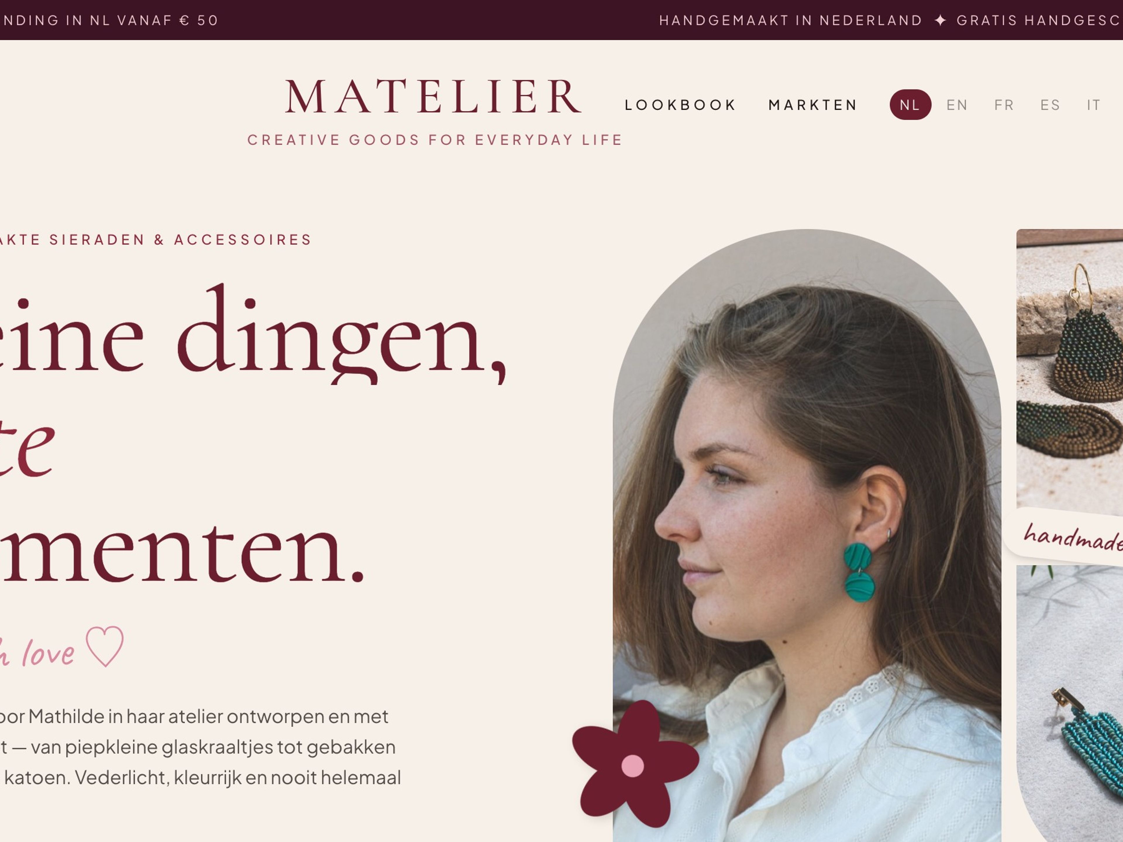 Homepage van de sieradenwebshop Matelier