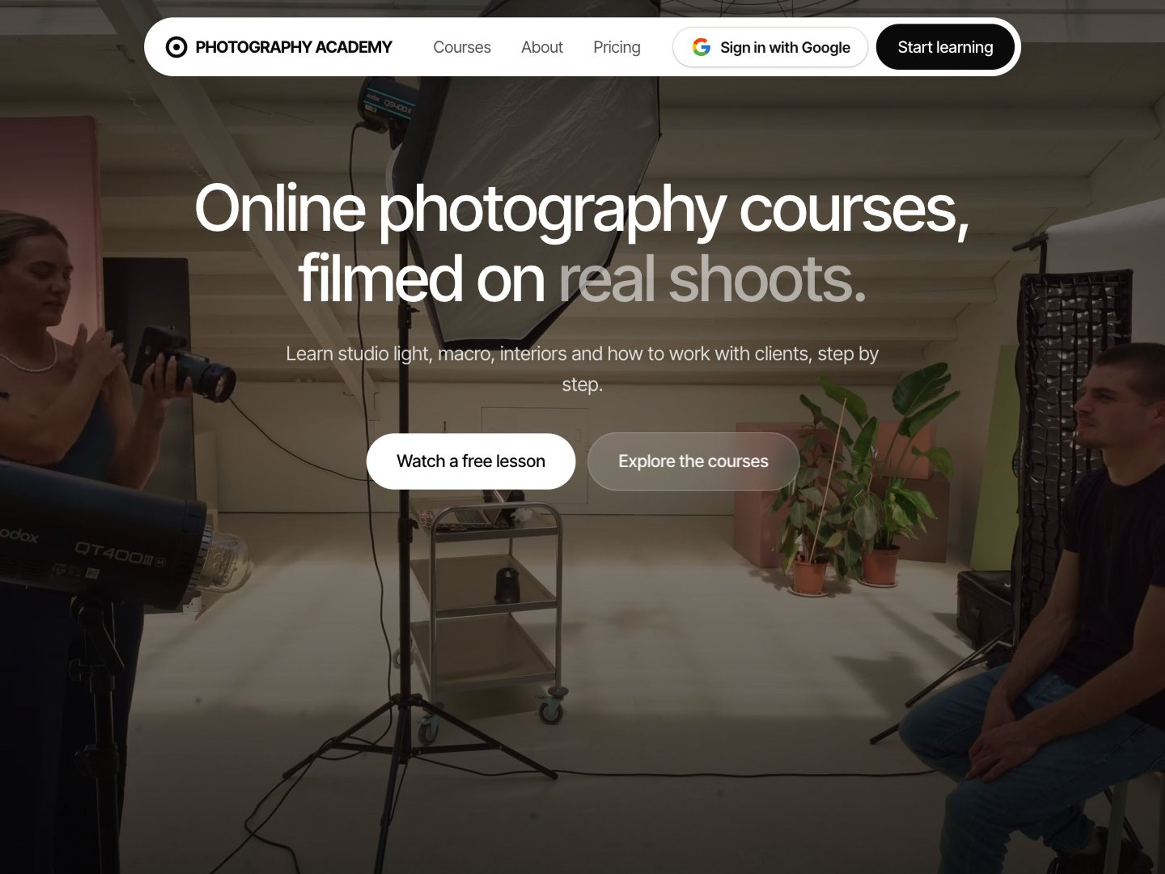 Homepage van een online fotografie-academy