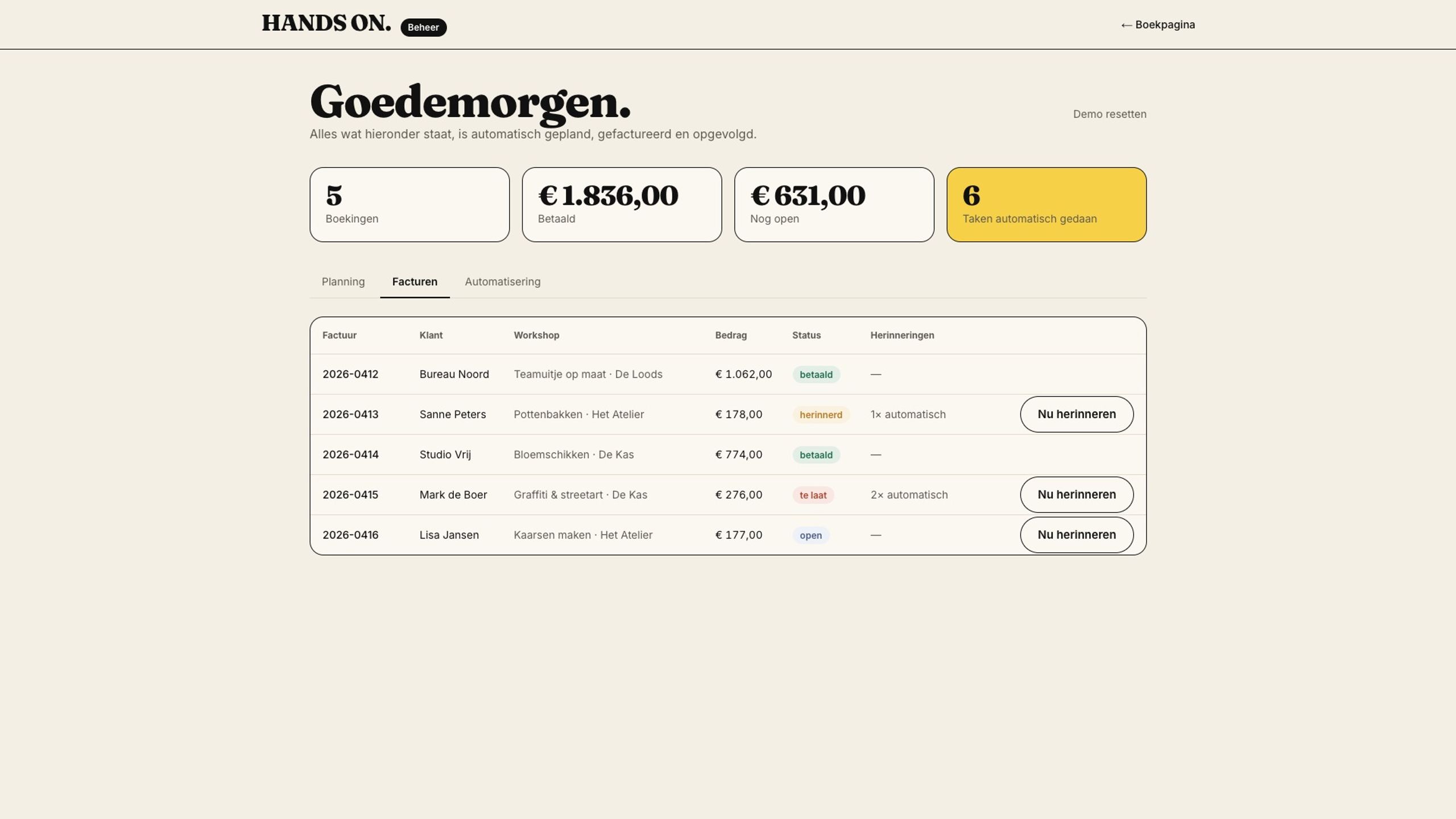 Voorbeeld van een dashboard met facturen en planning