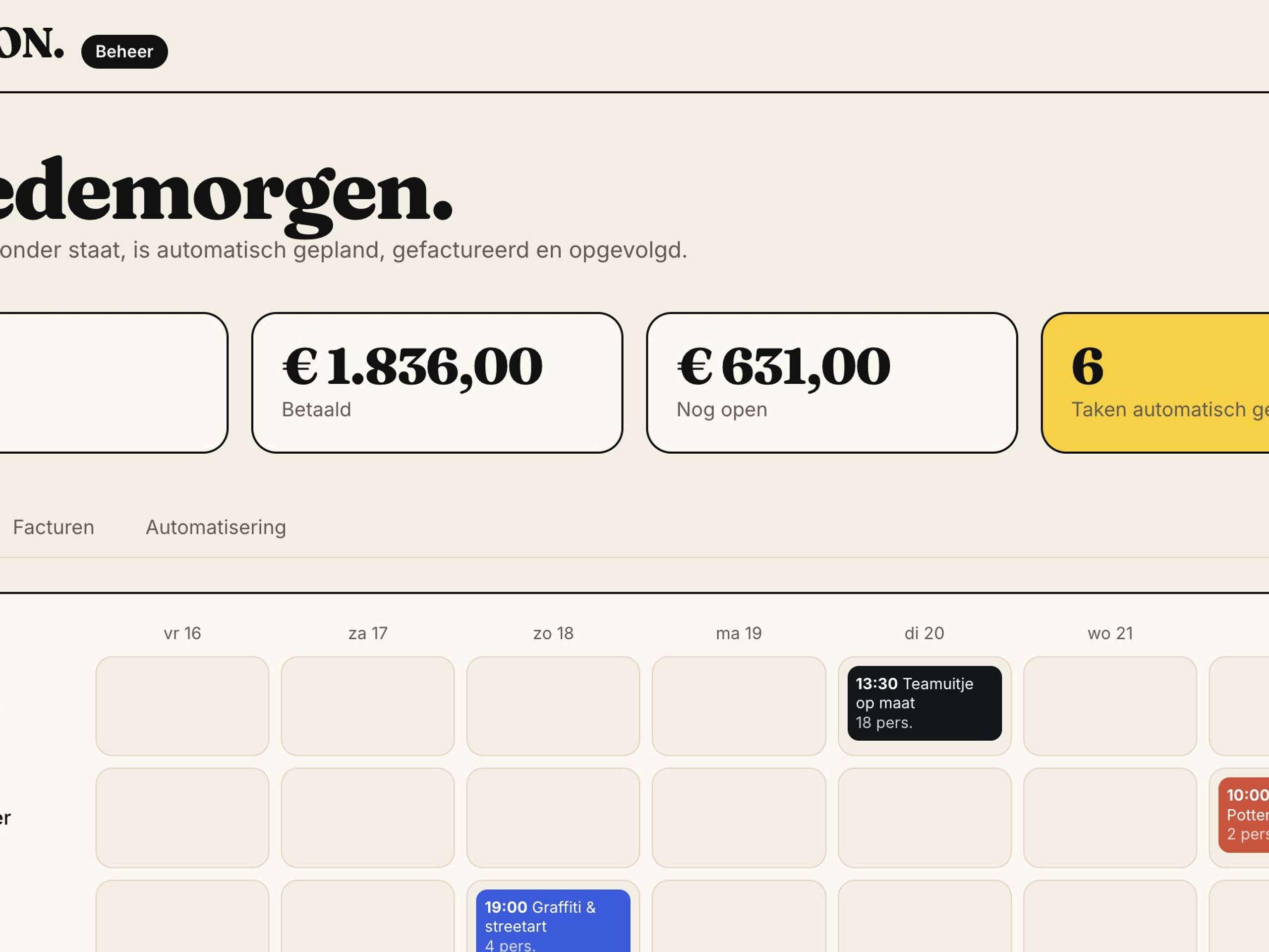 Beheerdashboard met boekingen, omzet en planning