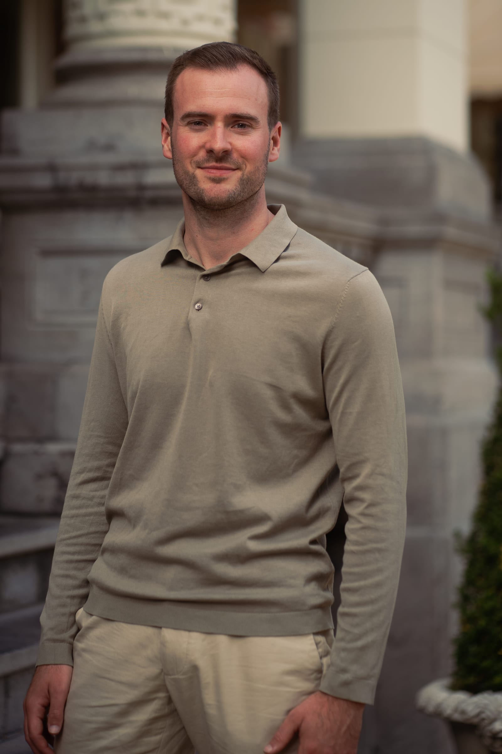 Corporate portrait in beige knitwear on location