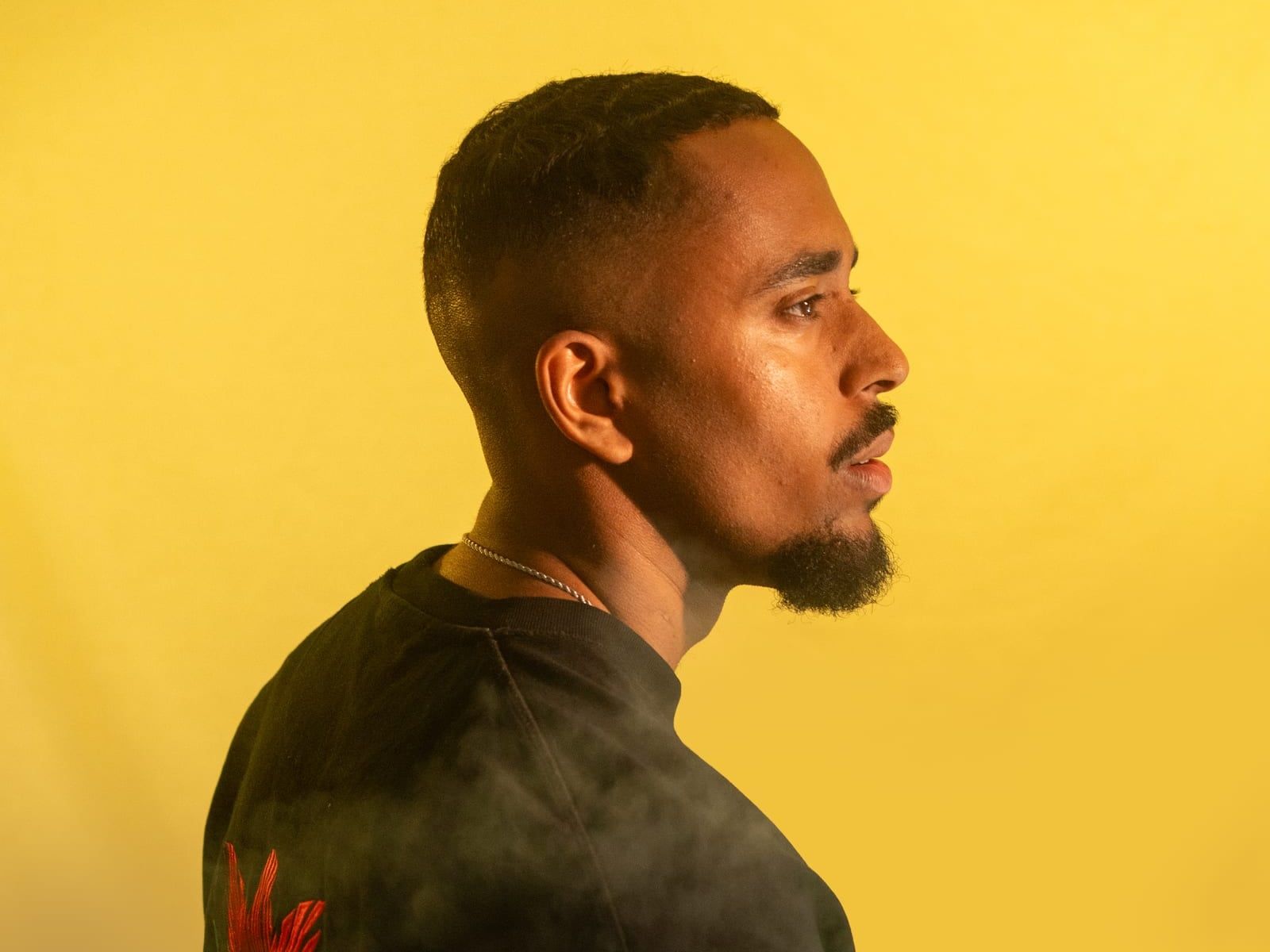 Personal branding: man in profile against yellow with smoke