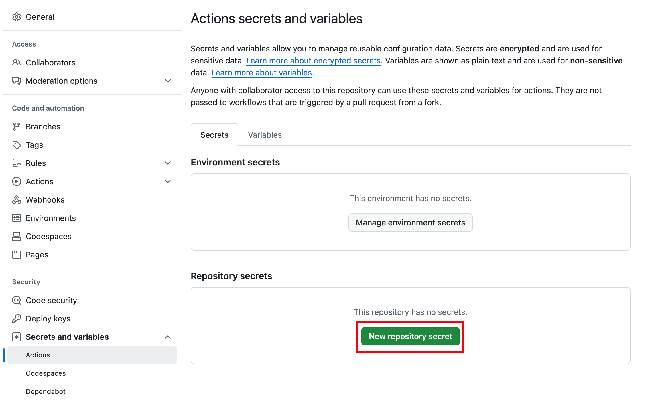 Add New repository secret in github