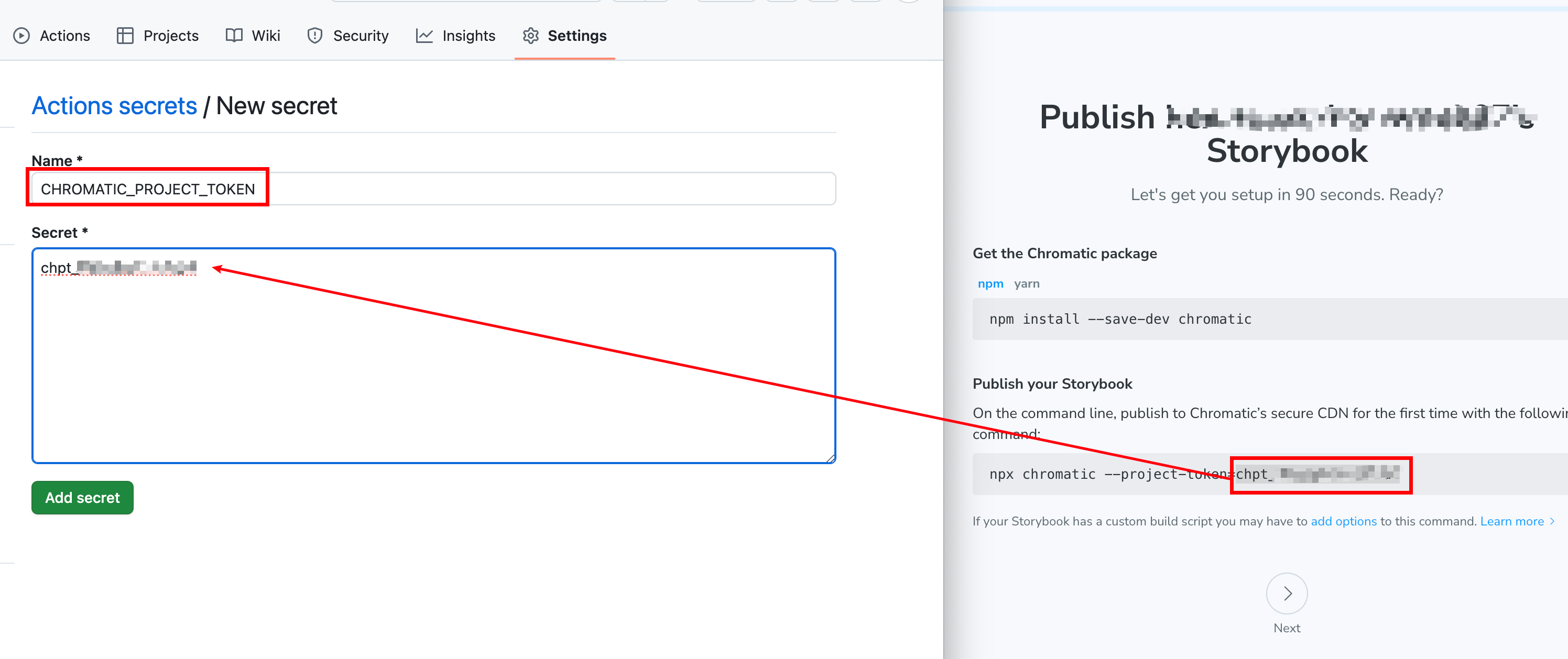 Put chromatic project token inside the secret