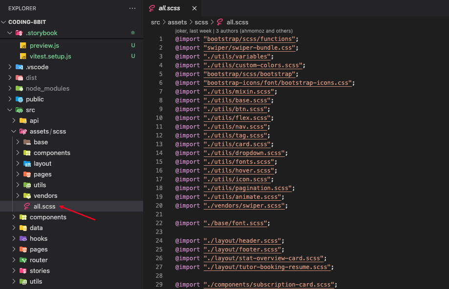 Include all.scss to story
