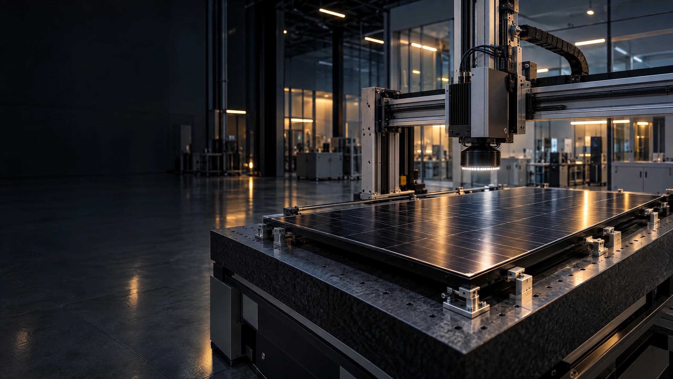 Illustrative solar-module inspection station.