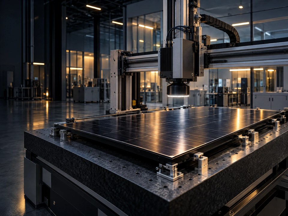 Illustrative solar-module inspection station.