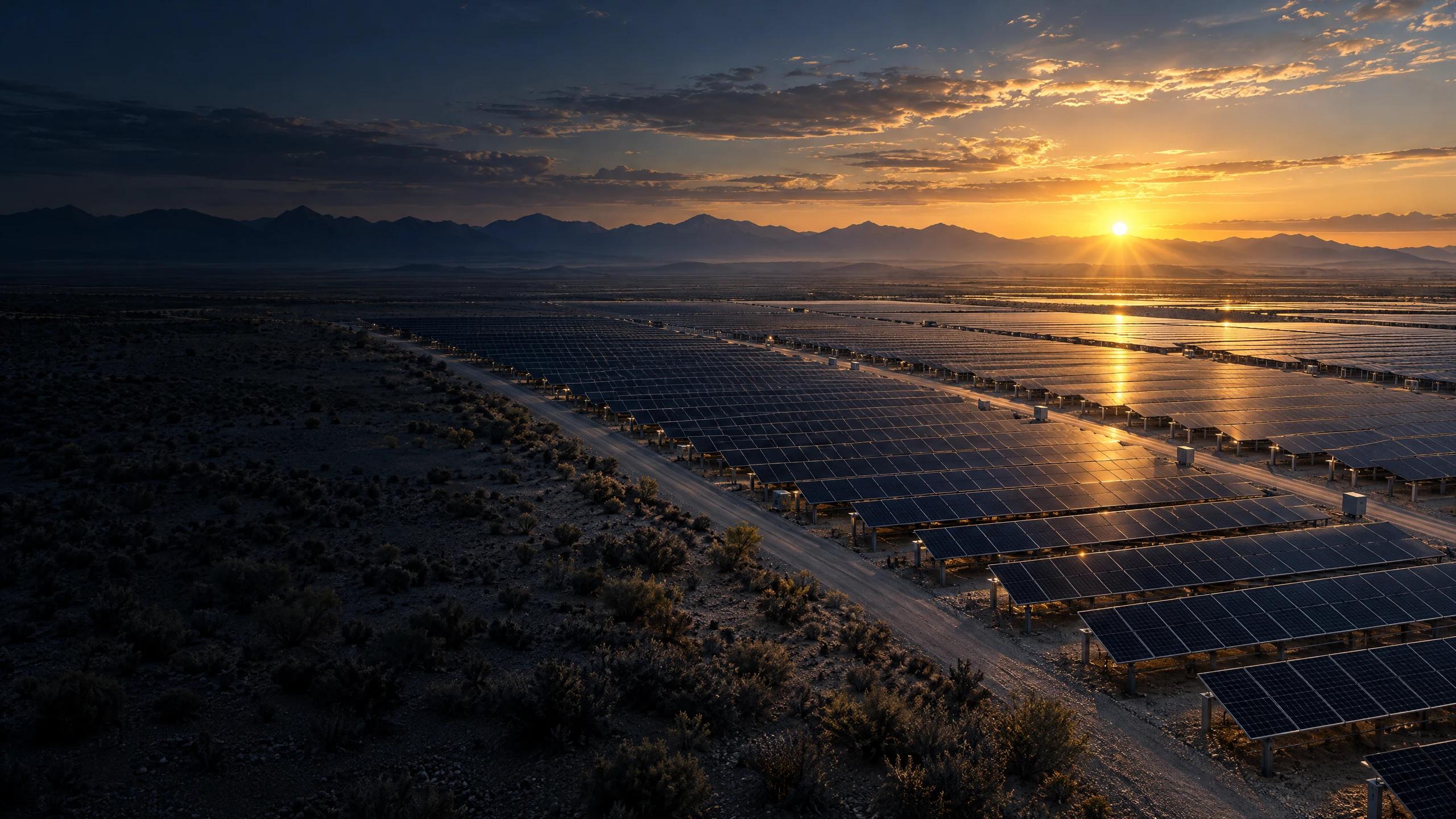 Illustrative utility-scale photovoltaic array at sunrise.