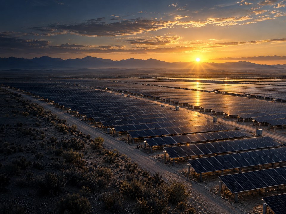 Illustrative utility-scale photovoltaic array at sunrise.
