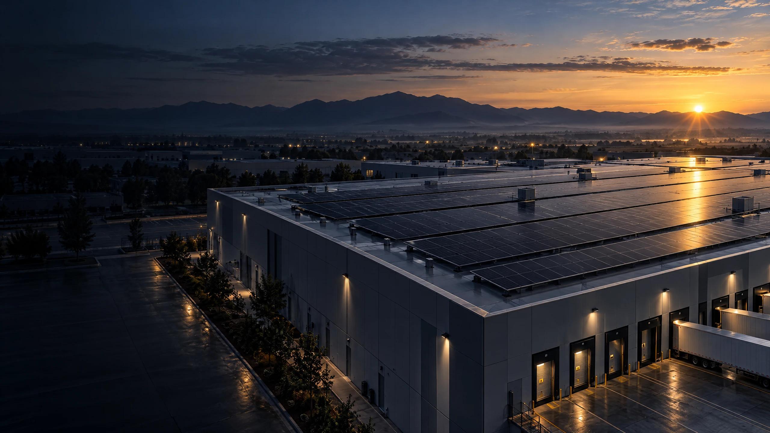Illustrative industrial warehouse with rooftop solar arrays.