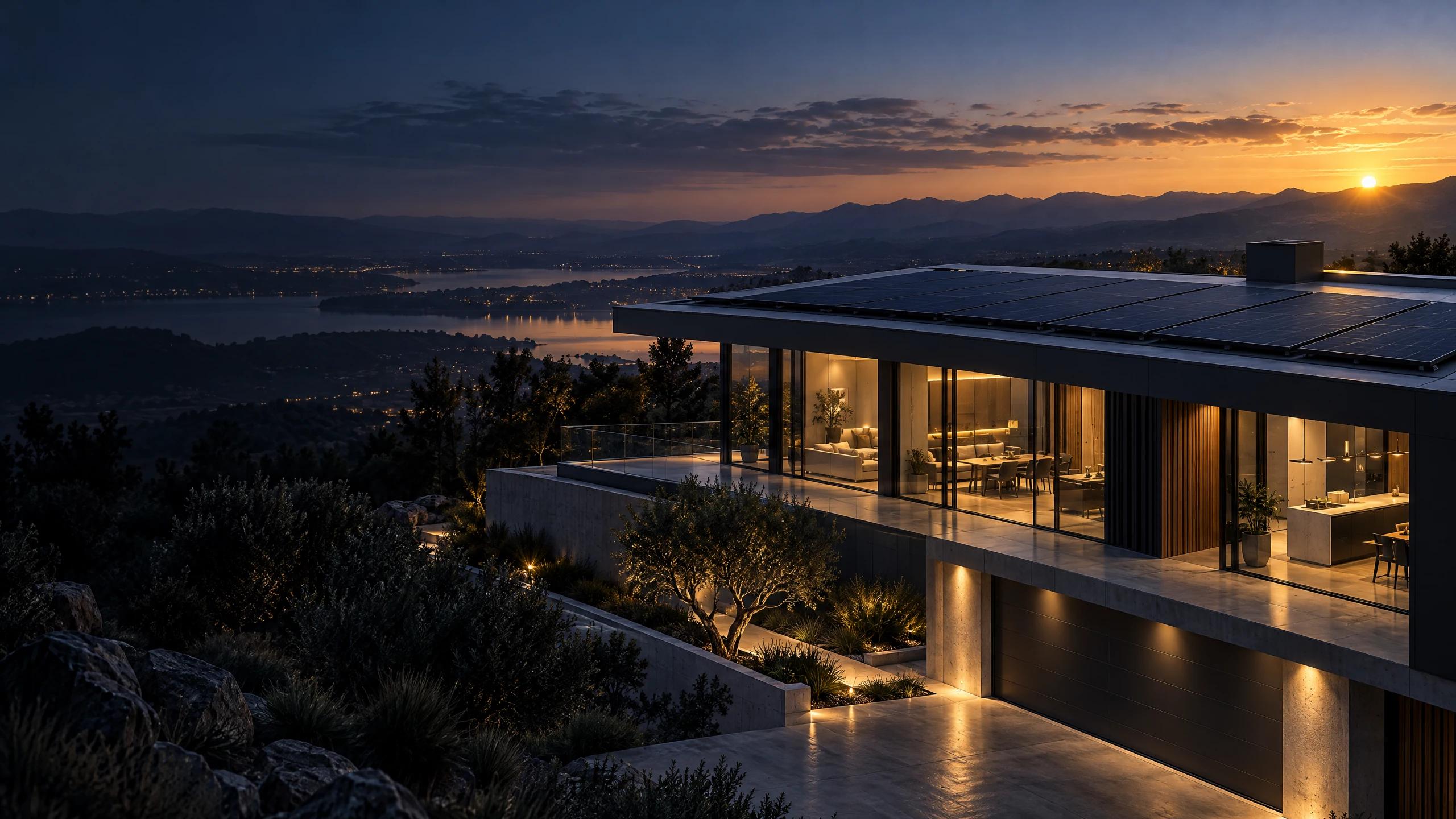 Illustrative contemporary home with a rooftop solar array.