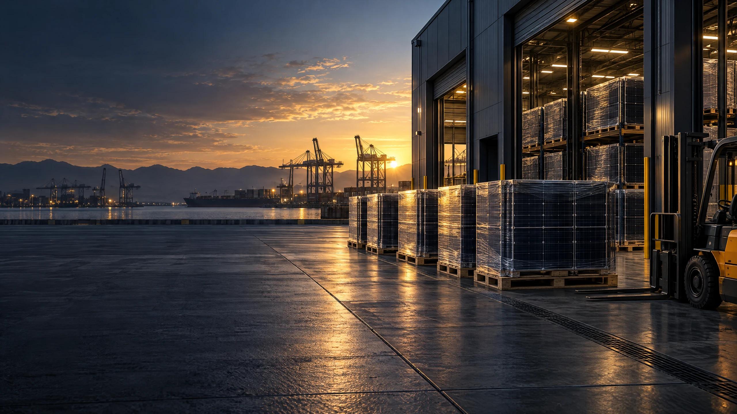 Illustrative module pallets staged at a warehouse near a port.