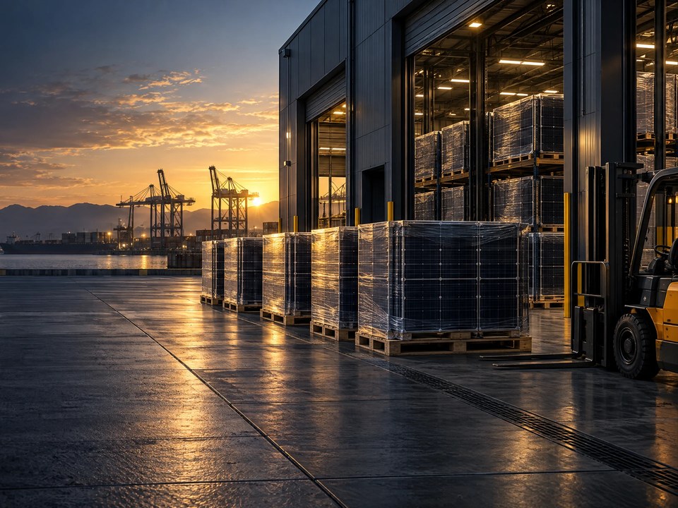 Illustrative module pallets staged at a warehouse near a port.