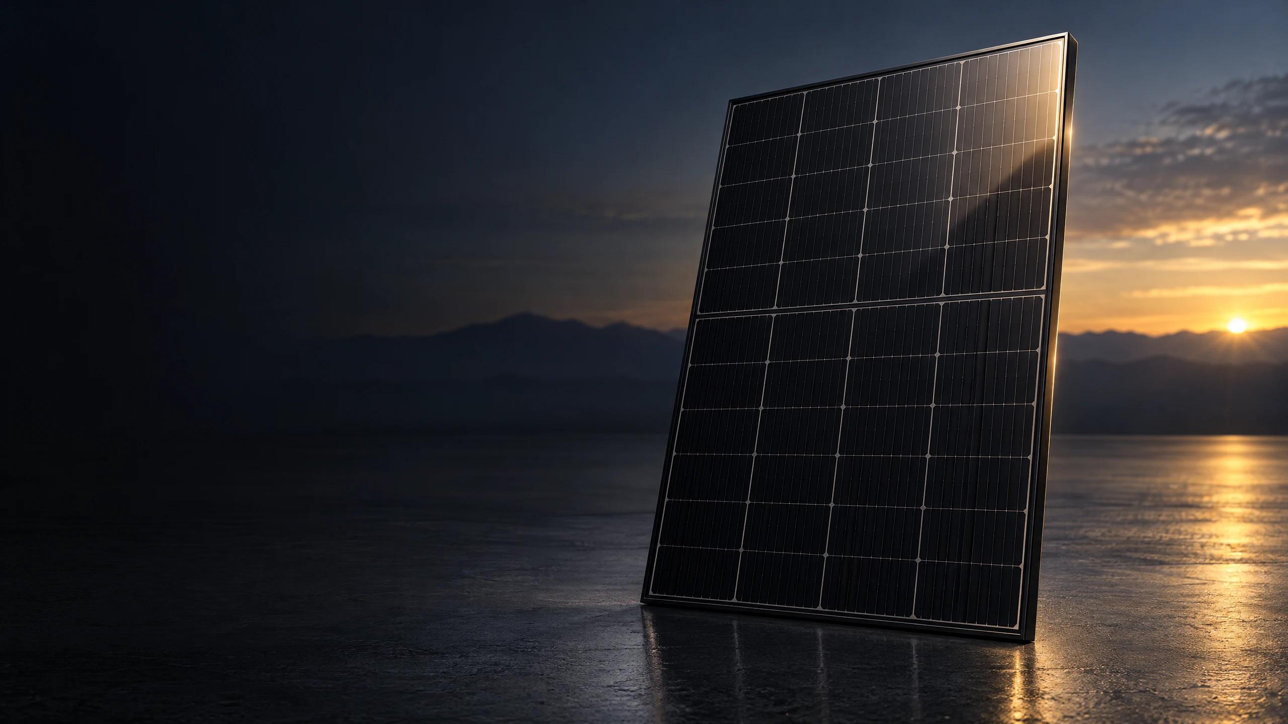Conceptual black photovoltaic module with a warm reflected edge.