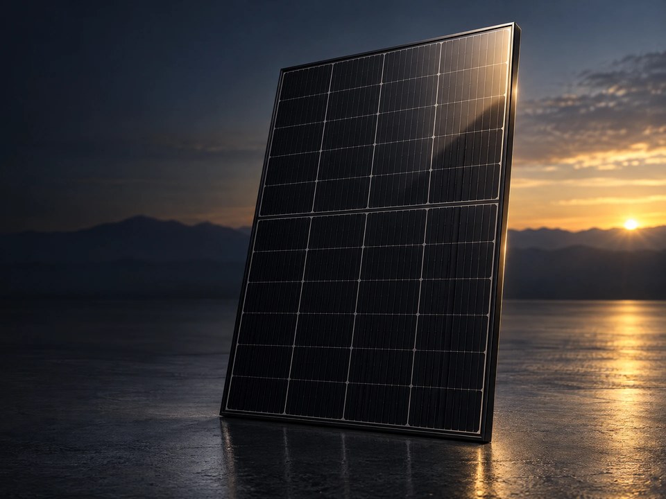 Conceptual black photovoltaic module with a warm reflected edge.