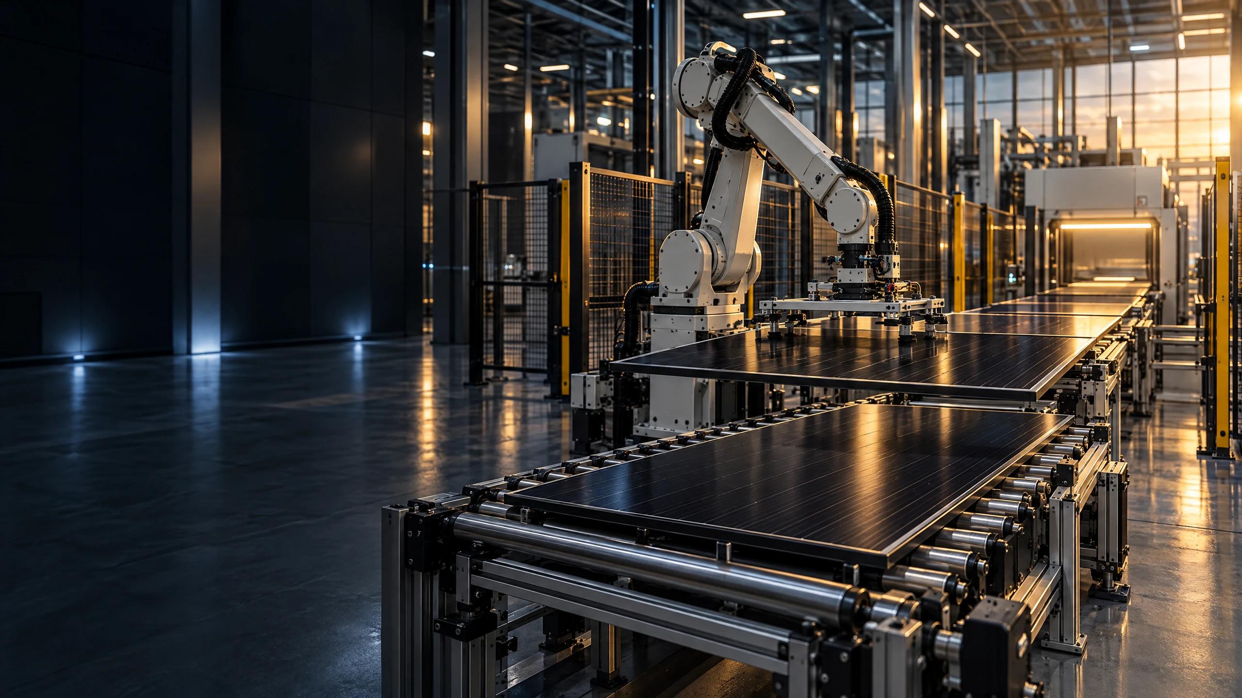 Illustrative photovoltaic manufacturing conveyor and robot arm.