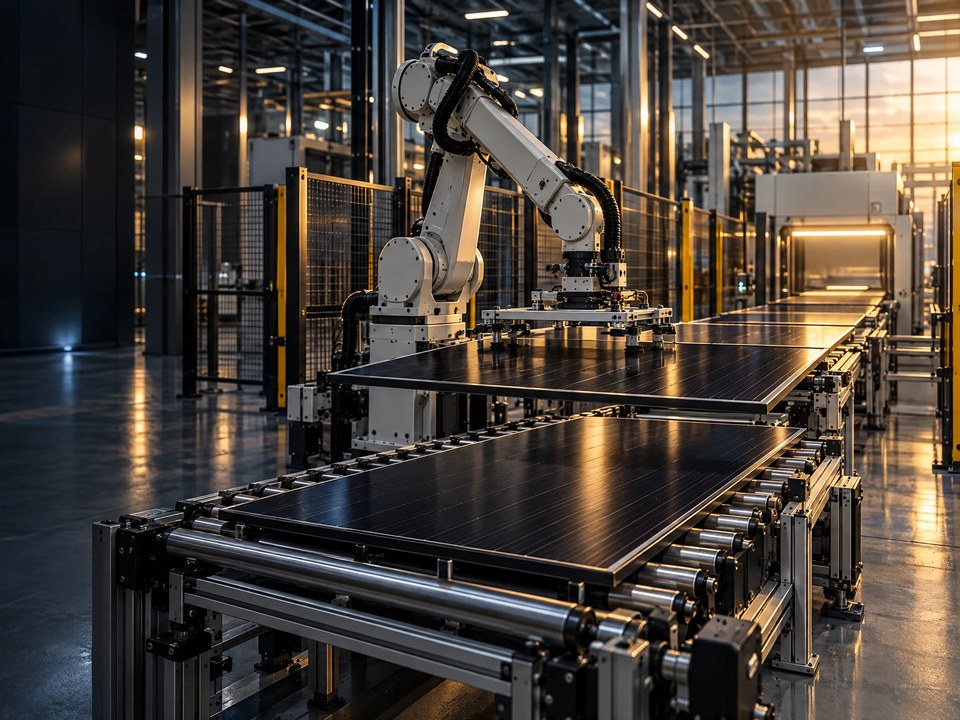 Illustrative photovoltaic manufacturing conveyor and robot arm.