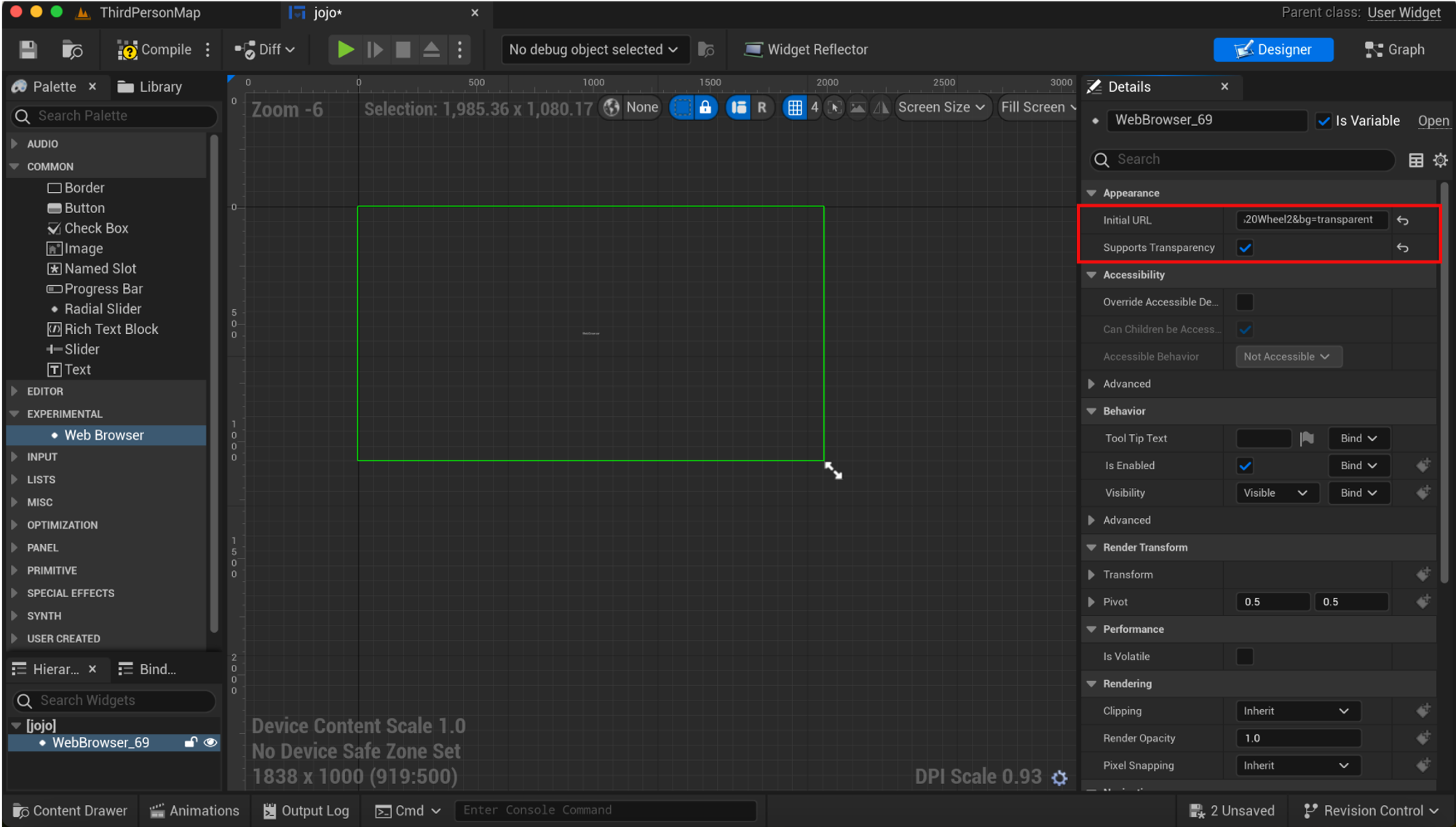 Insert the full URL from ProtoPie Connect’s browser view into the "Initial URL" property in Unreal.