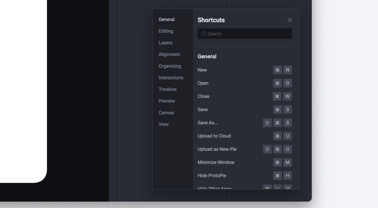 Shortcut panel in ProtoPie Studio