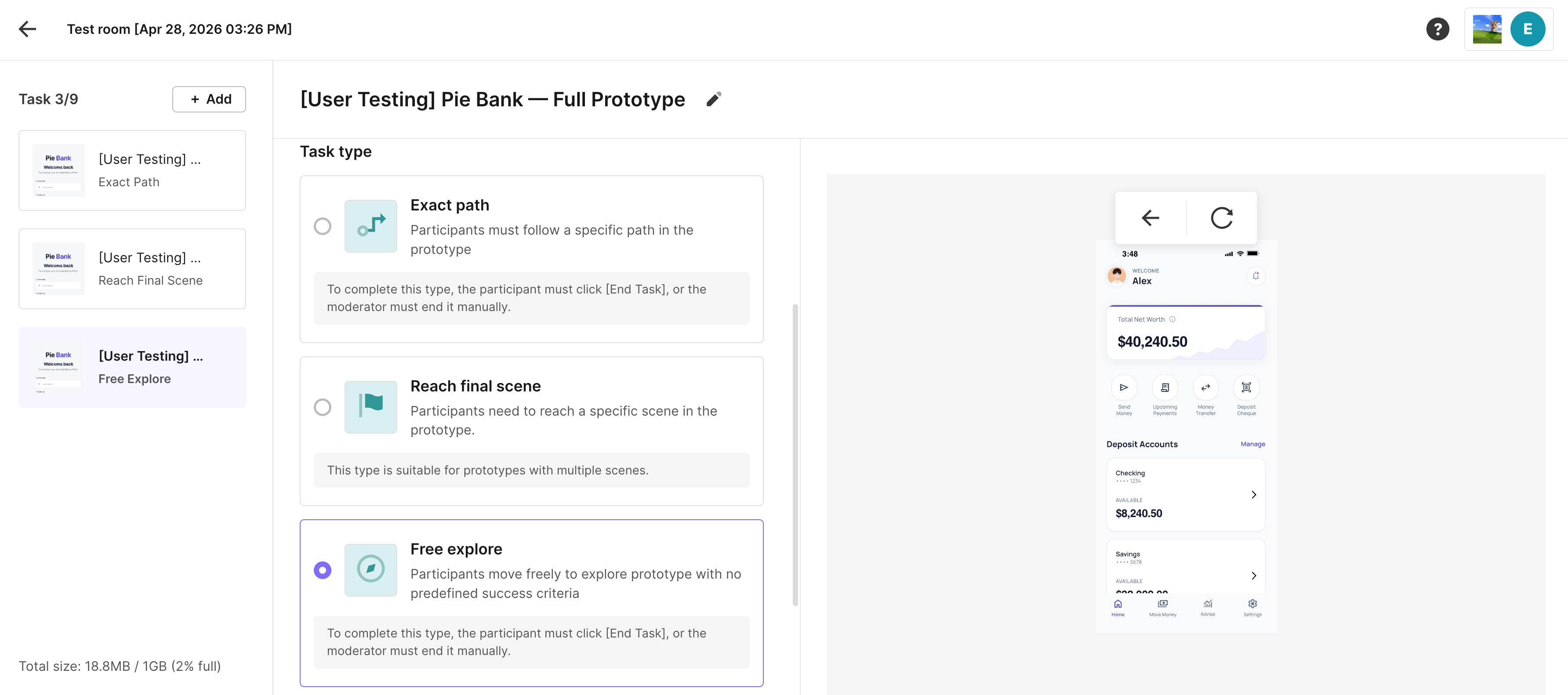 ProtoPie User Testing task type selection showing three options — Exact Path, Reach Final Scene, and Free Explore — during test room setup, with a banking prototype preview on the right.