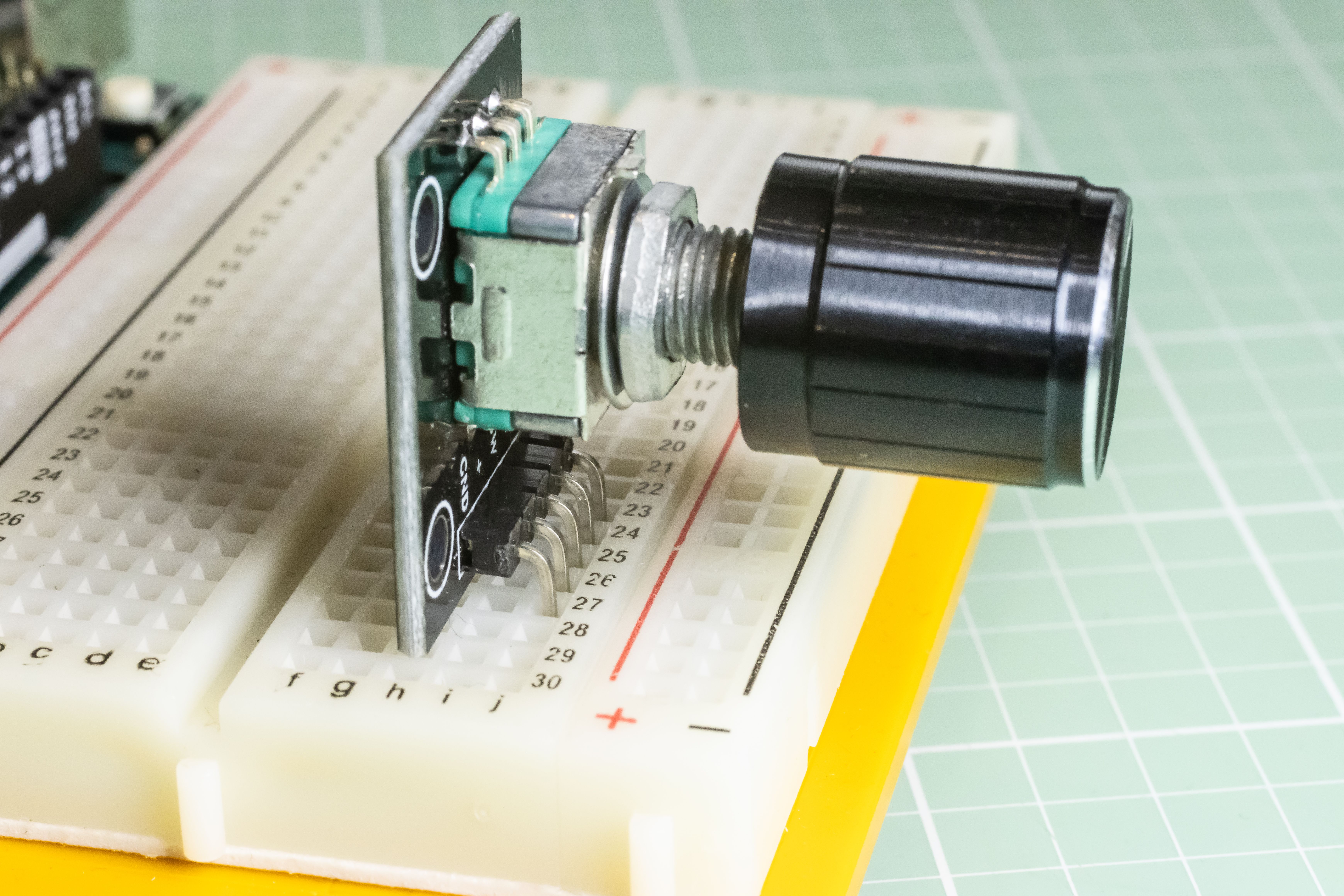 The encoder's pins conveniently fit perfectly into the breadboard.