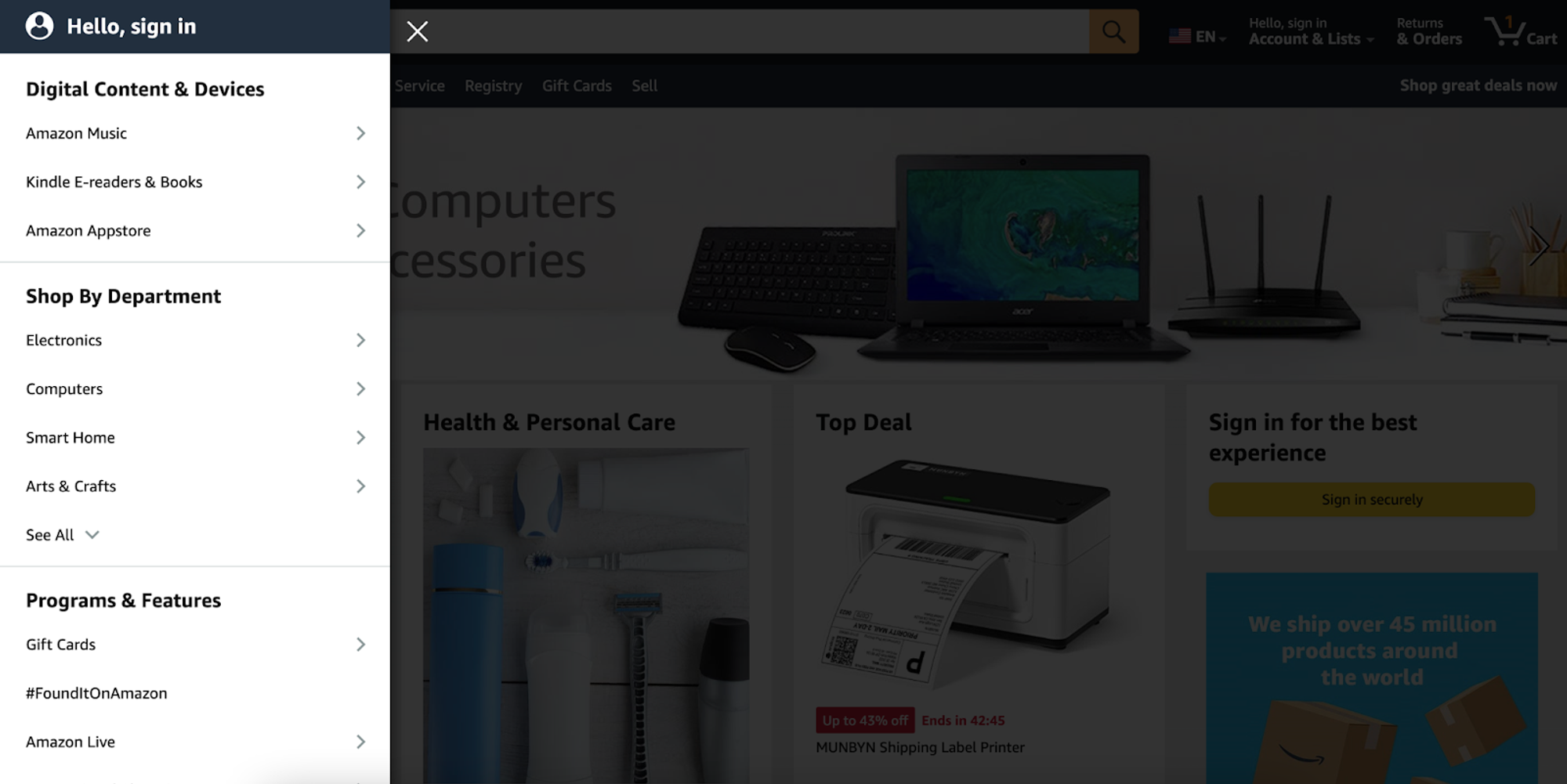 Amazon’s expanded navigation panel