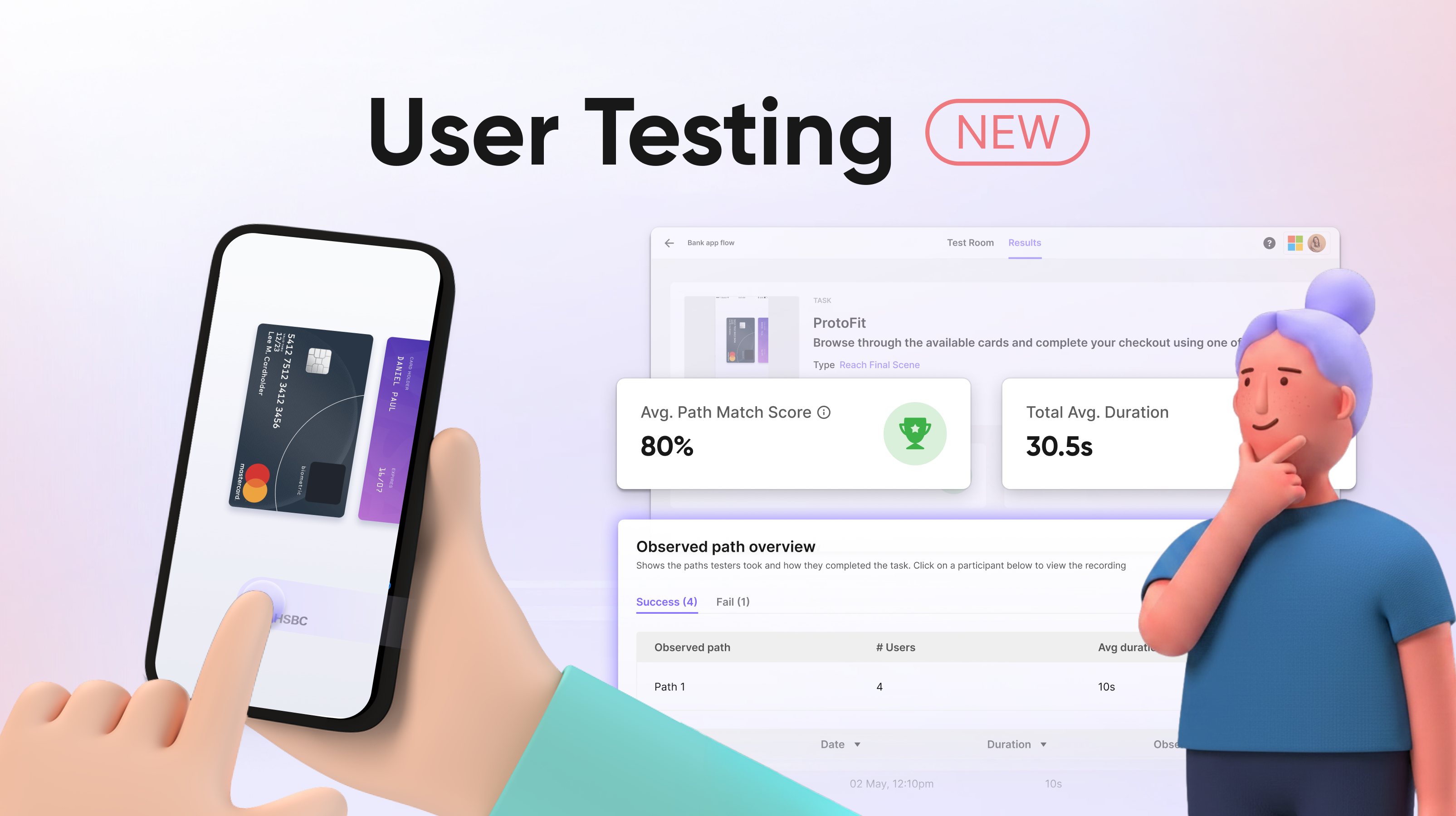 ProtoPie User Testing dashboard showing an 80% average path match score, observed path overview with 4 successful participants, and a mobile prototype interaction — all within the ProtoPie Cloud interface.