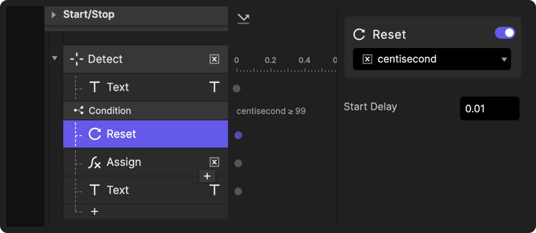 Create a condition, that reads when the centisecond ≥ 99. Then, add a Reset.