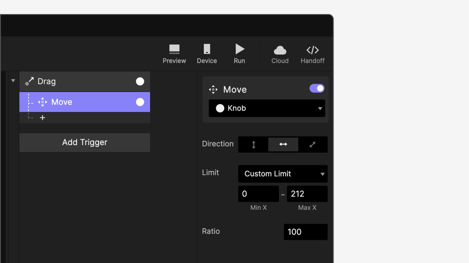 Change the Limit of the Move response from None to Custom Limit. For the custom limit, set Min X to 0, and Max X to 212.