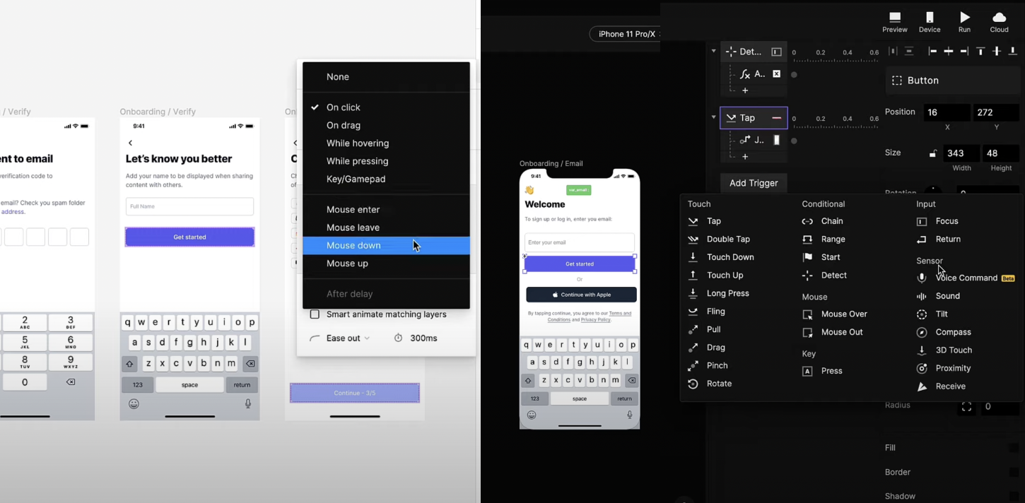 List of interaction triggers in Figma & ProtoPie.