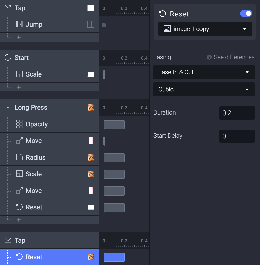 Set a Tap trigger onto the overlay with a Reset response attached to image 1 copy.