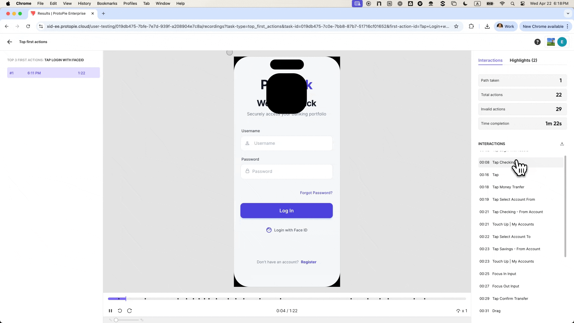 ProtoPie User Testing session replay showing a banking prototype alongside a timestamped interaction log — capturing every tap, invalid action, and completion time for a participant's full test session.
